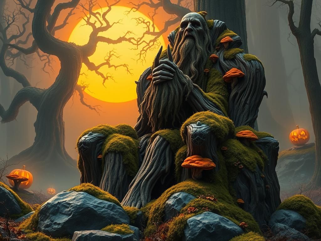 Mossy Wooden Man on Boulder Throne in Ethereal Forest
