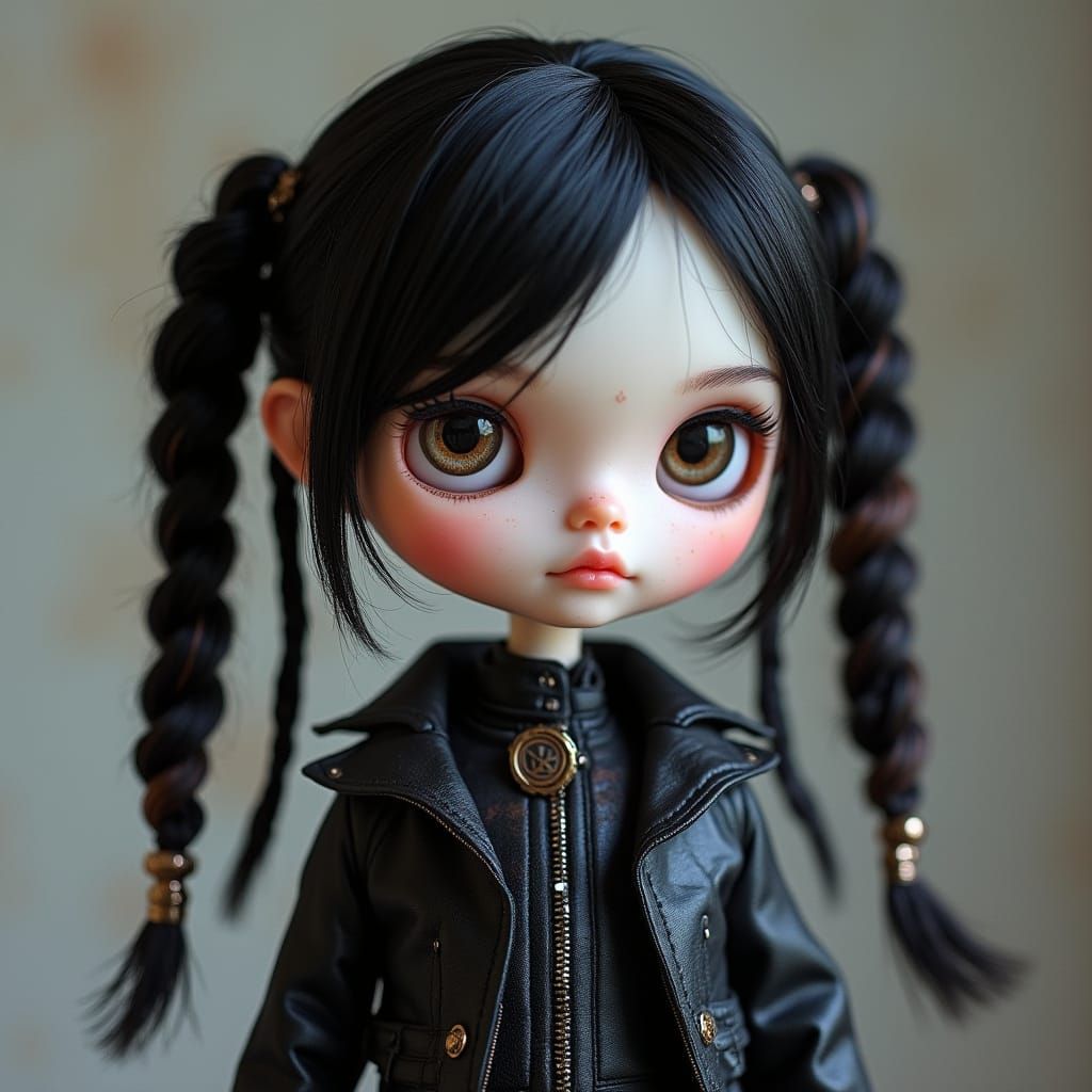 Cyberpunk Blythe Doll in Dark Edgy Attire with Metallic Acce...