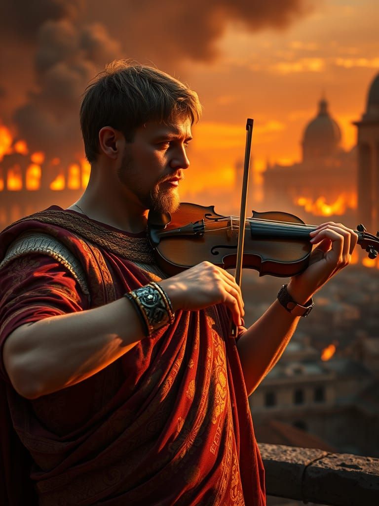 Roman Emperor Nero Plays Violin Amidst Ancient Rome's Ruin i...