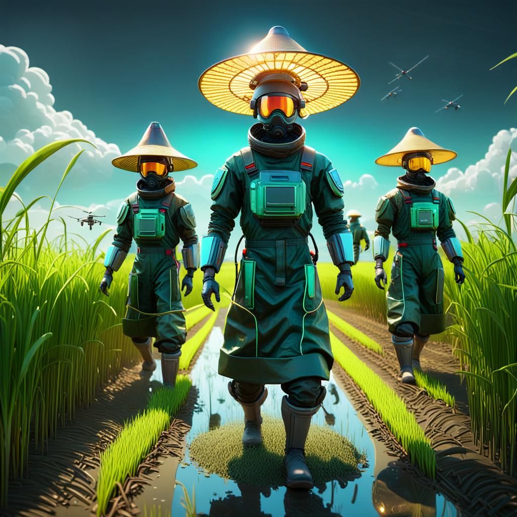 Cyberpunk Rice Harvest with Drones in Bautista Style