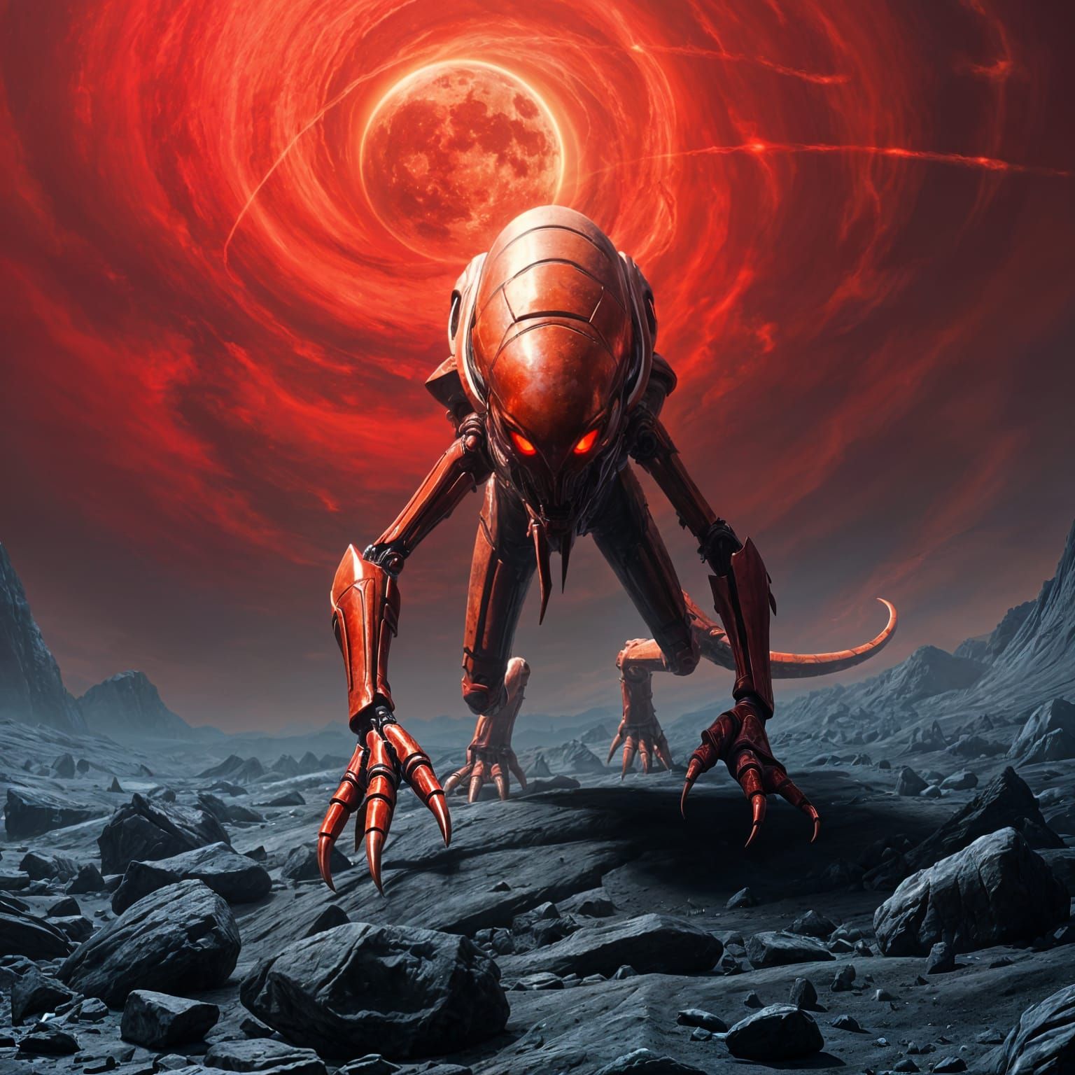 Fire-Red Alien Predator on Obsidian Plains
