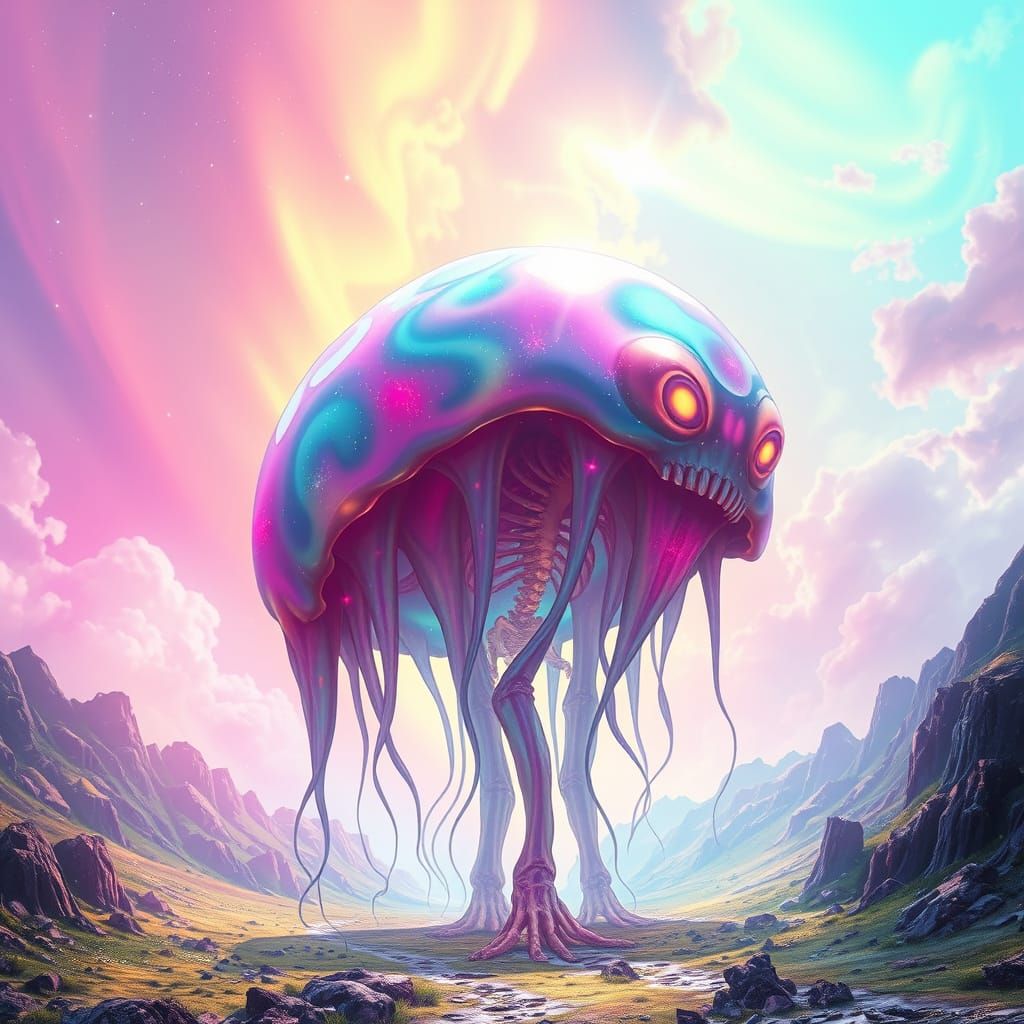 Iridescent Slime Giant in Dreamy Landscape