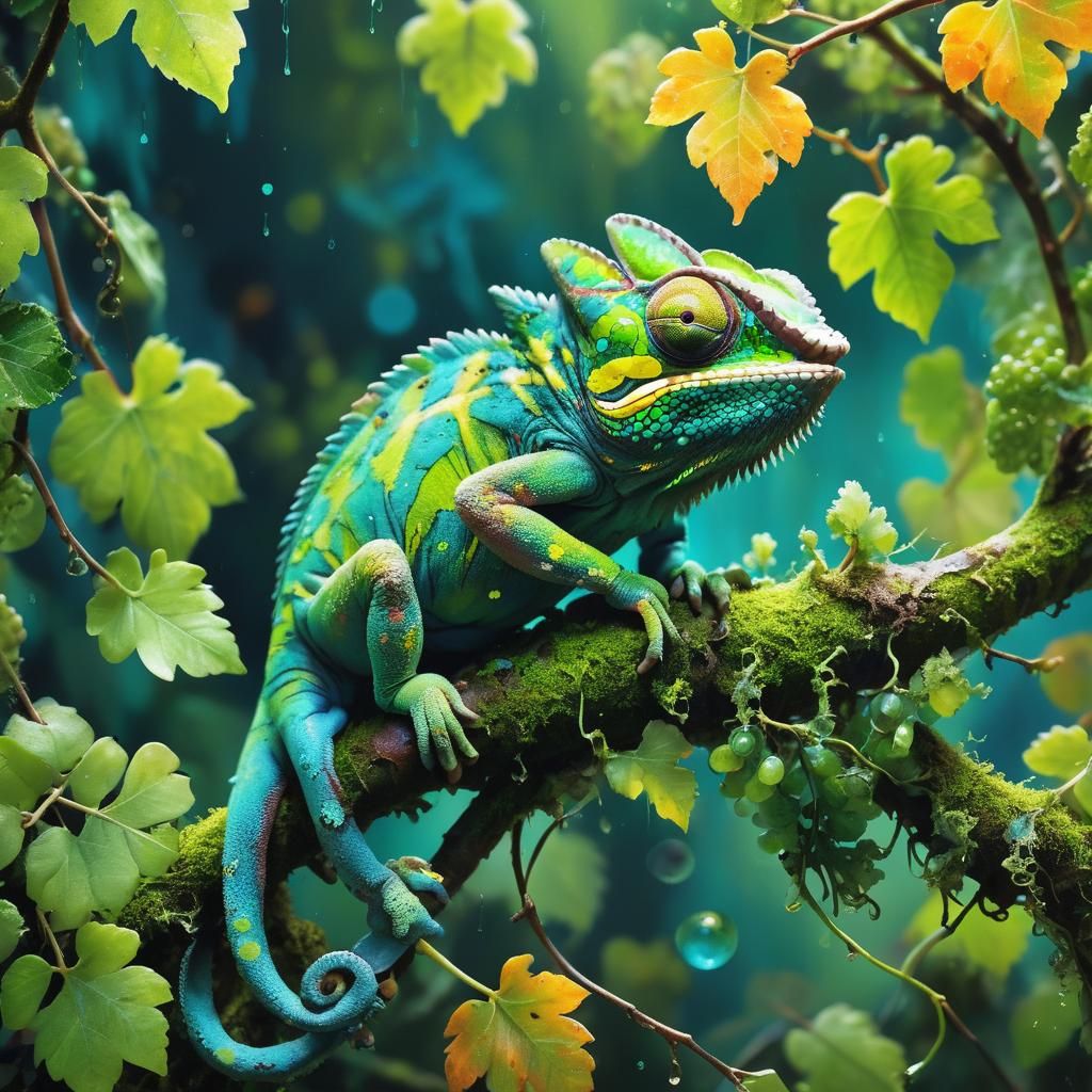 Green Chameleon in Vibrant Splash Art Style