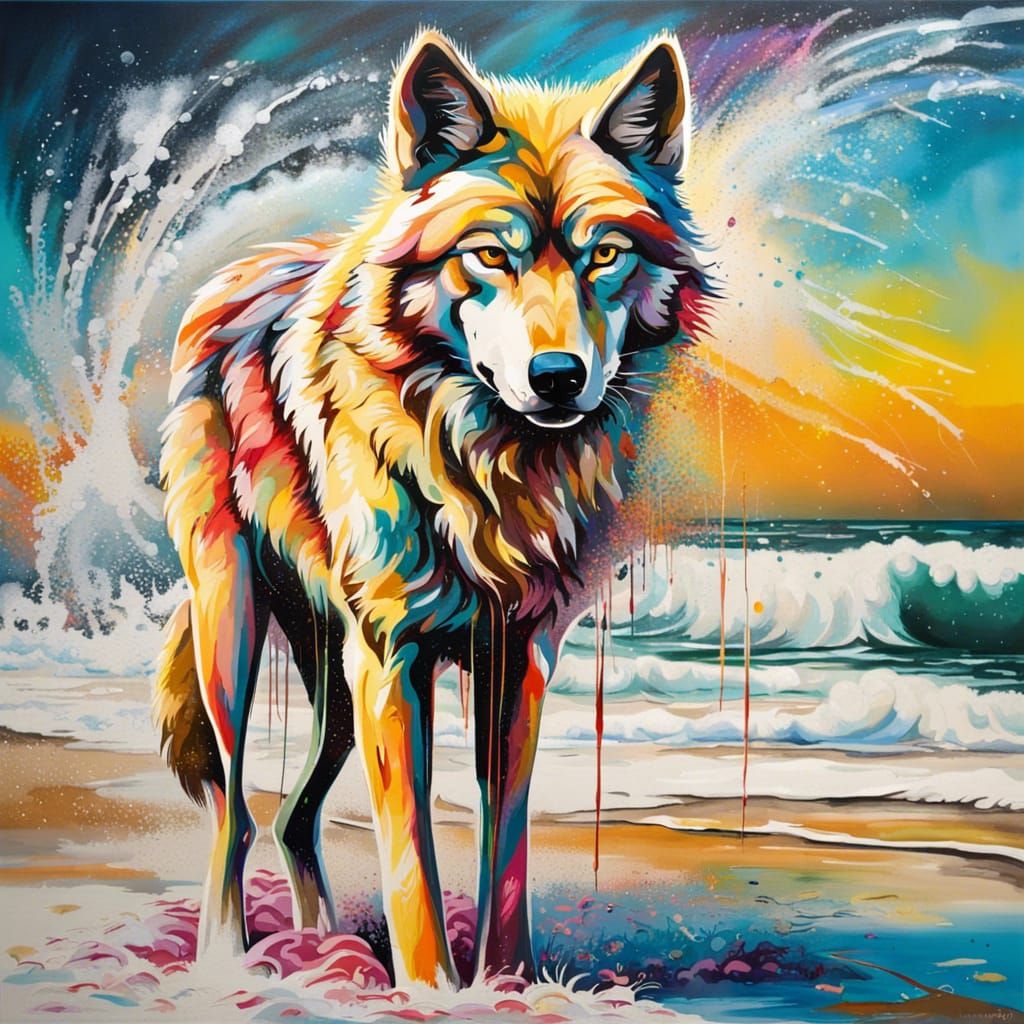 Blonde Wolf on Beach in Graffiti Art Style