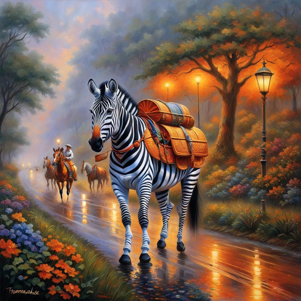 Biblical Zebra Hitchhiking in Rainy Maximalist Scene
