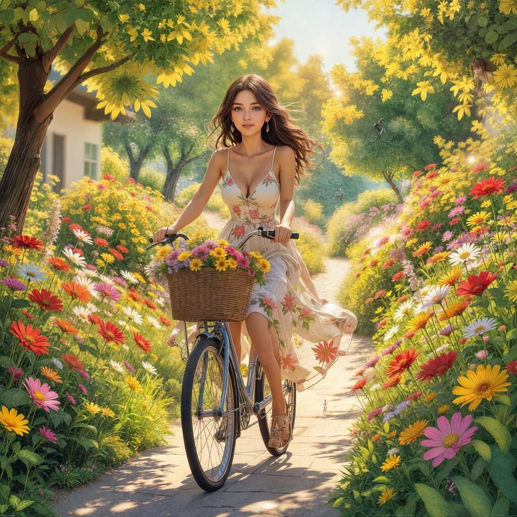 Woman Cycling Through Flower Garden in Anime Style