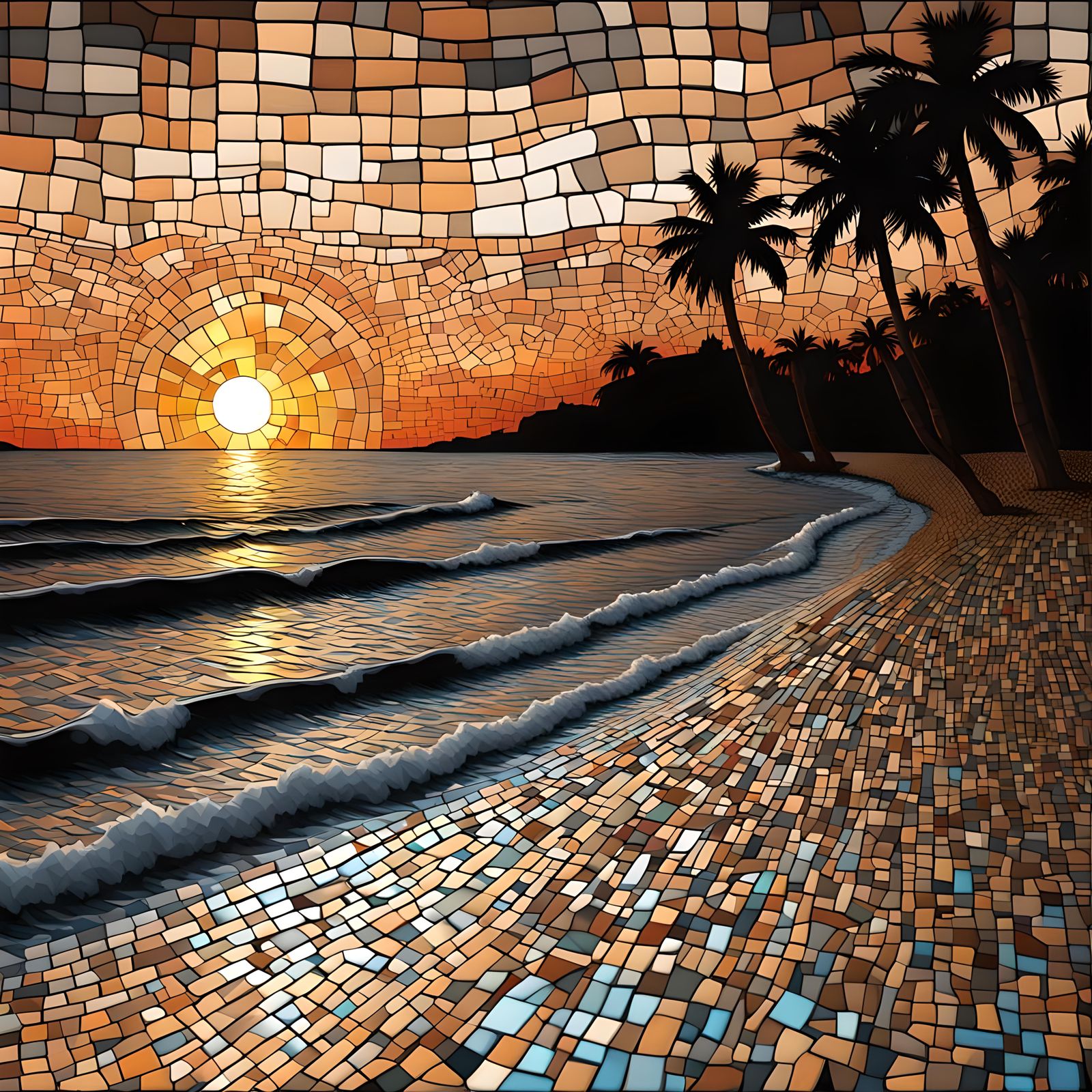 Mosaic Sunset Beach in Digital Art Style
