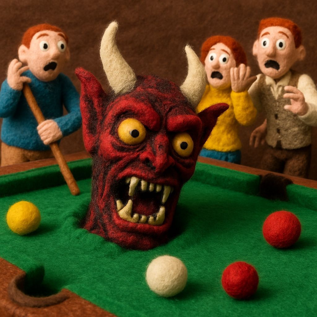 Felted Demon Emerges from Billiards Table in 3D