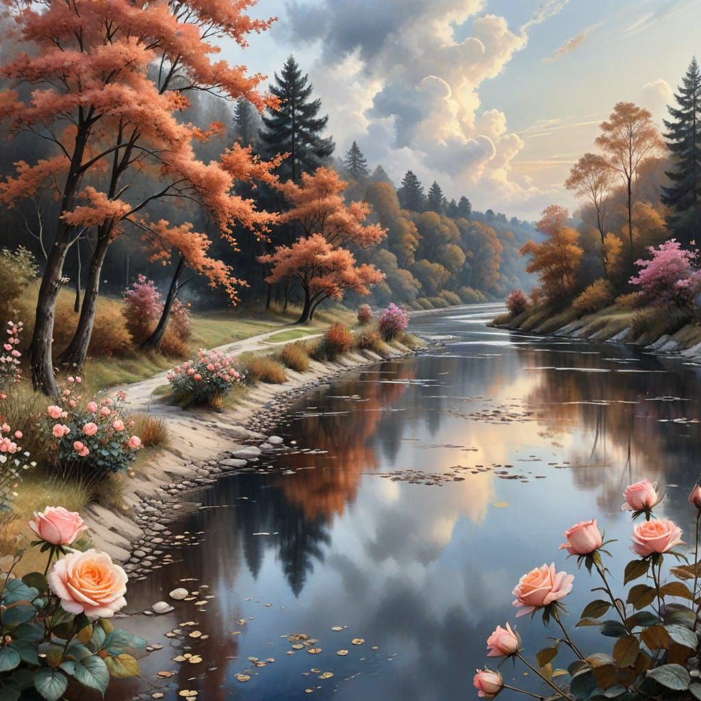 Bucolic Scene with Roses and River in Watercolor