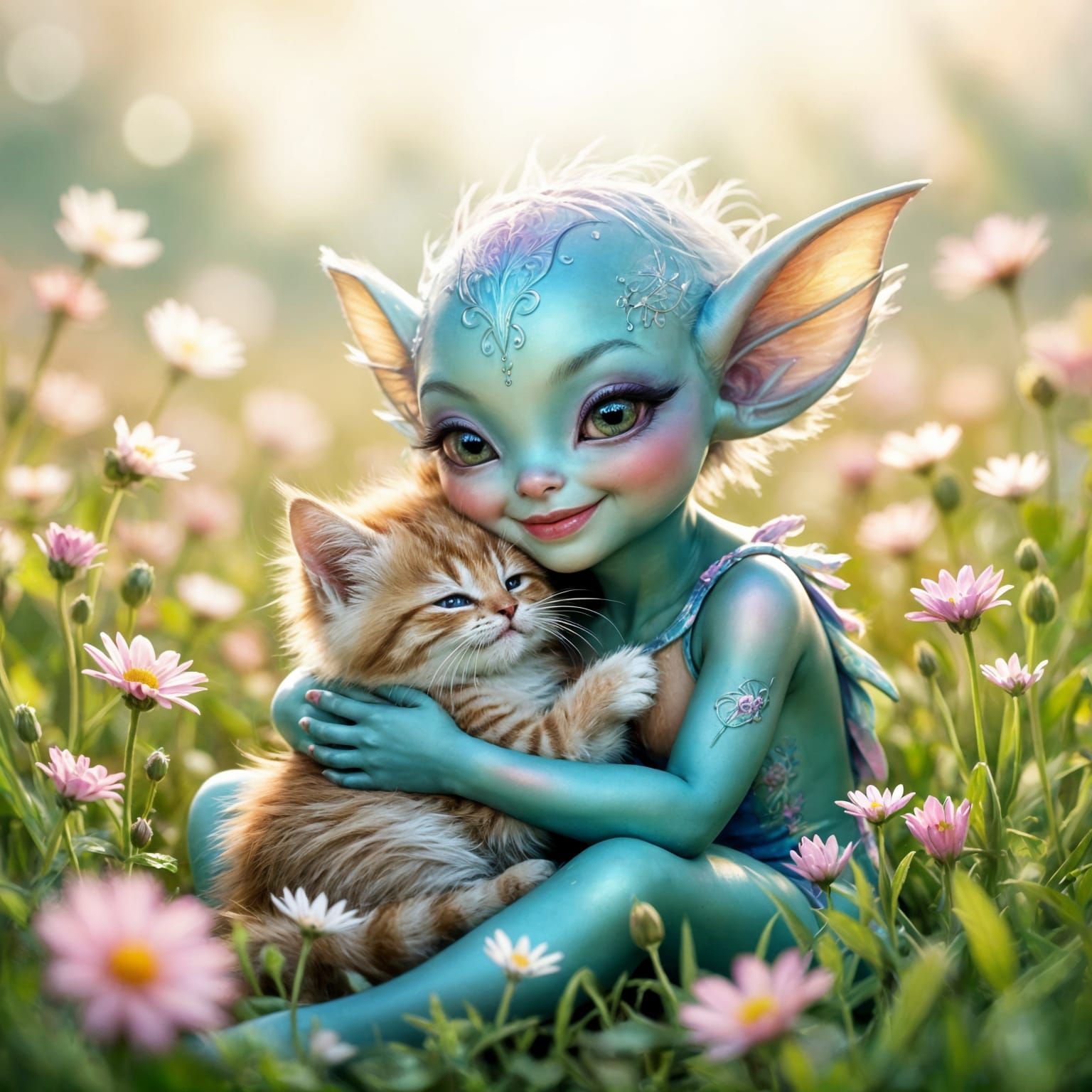 Iridescent Alien Snuggles Kitten in Art Nouveau Style