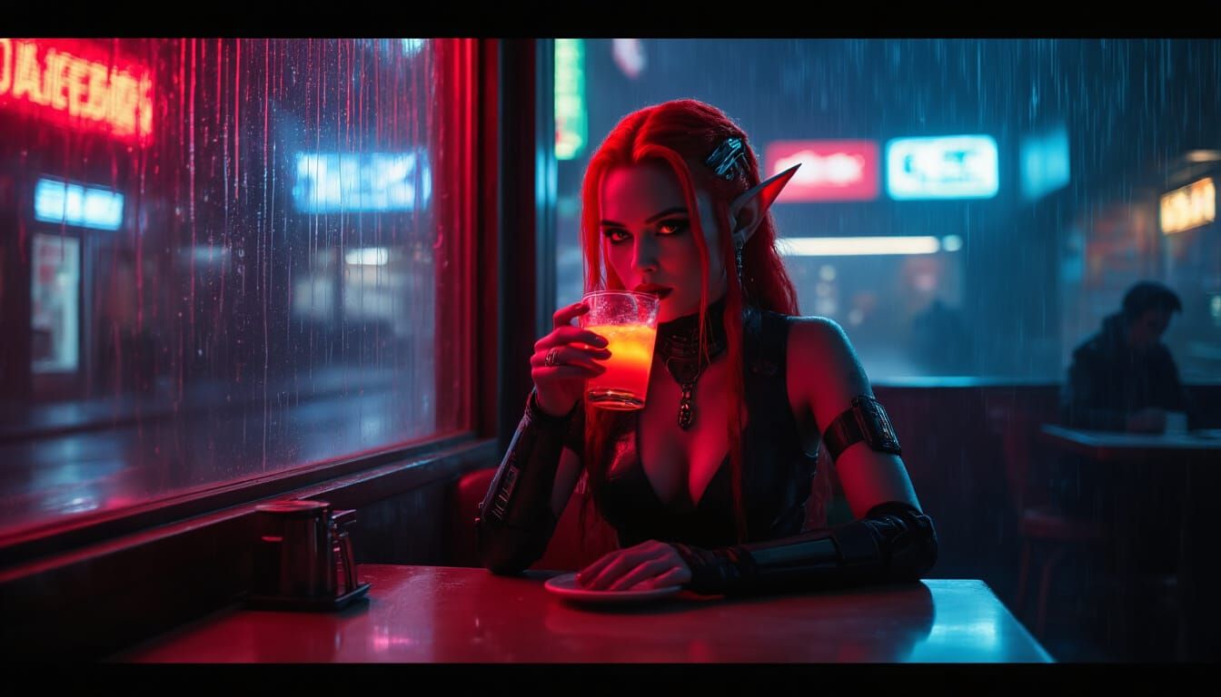 Cyberpunk Elf Sipping Drink in Neon Cafe