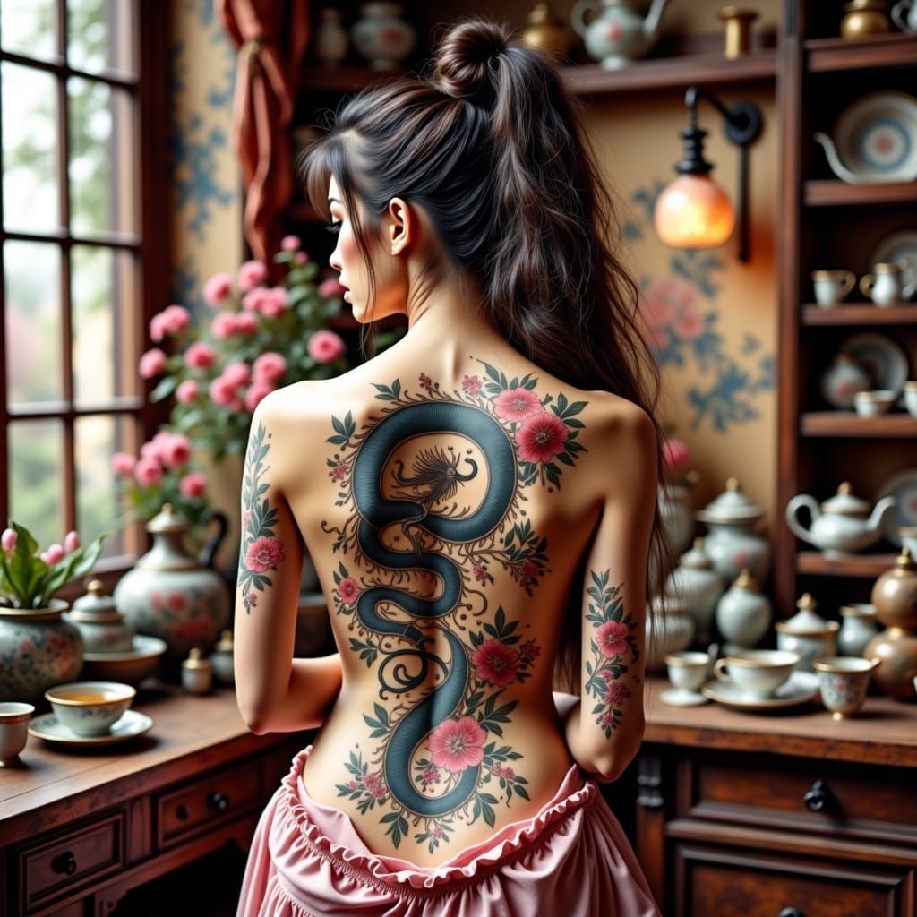 Dragon Tattoo Art in Antique Watercolor Style