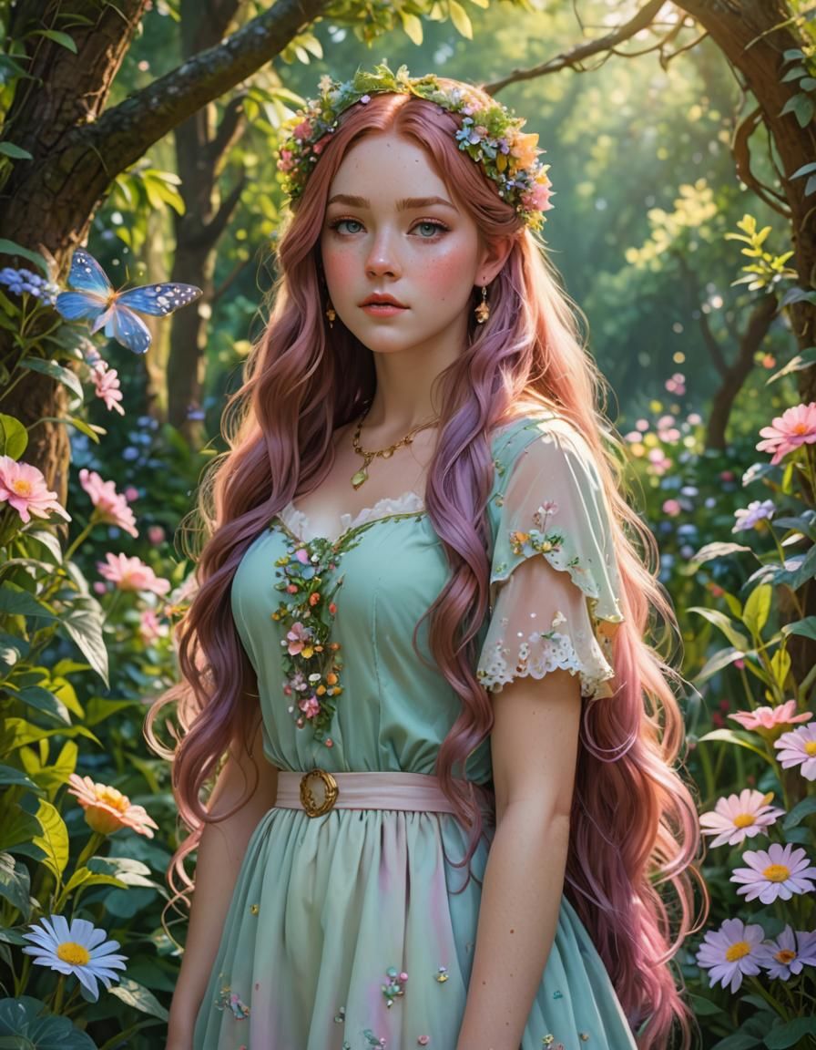 Pastel Princess in Whimsical Anime-Realism Garden