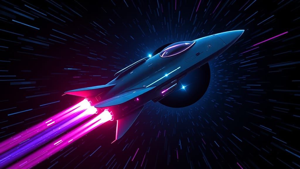 Retrofuturistic Spaceship Escapes Digital Black Hole