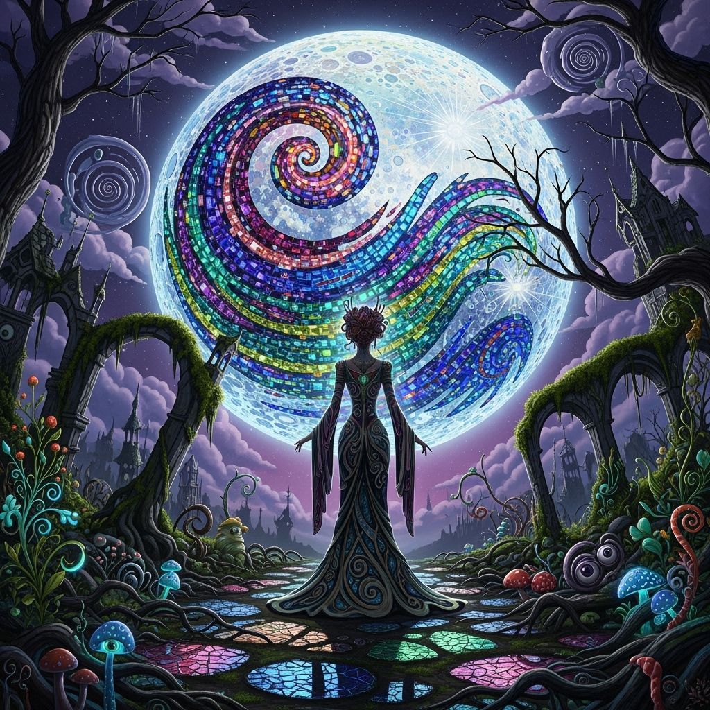 Figure Silhouetted Against Mosaic Moon in Art Nouveau Style