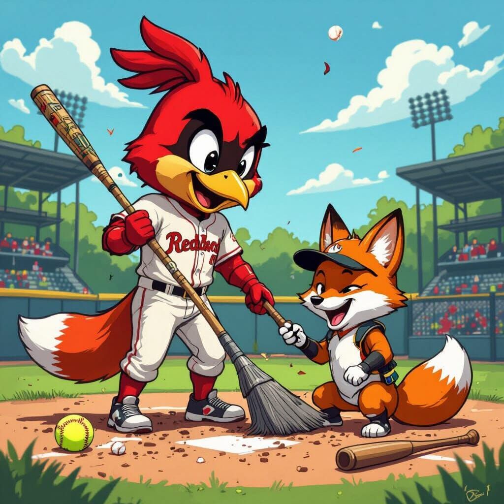 Victorious Redbird Mascot Sweeping Up Beaten Fox