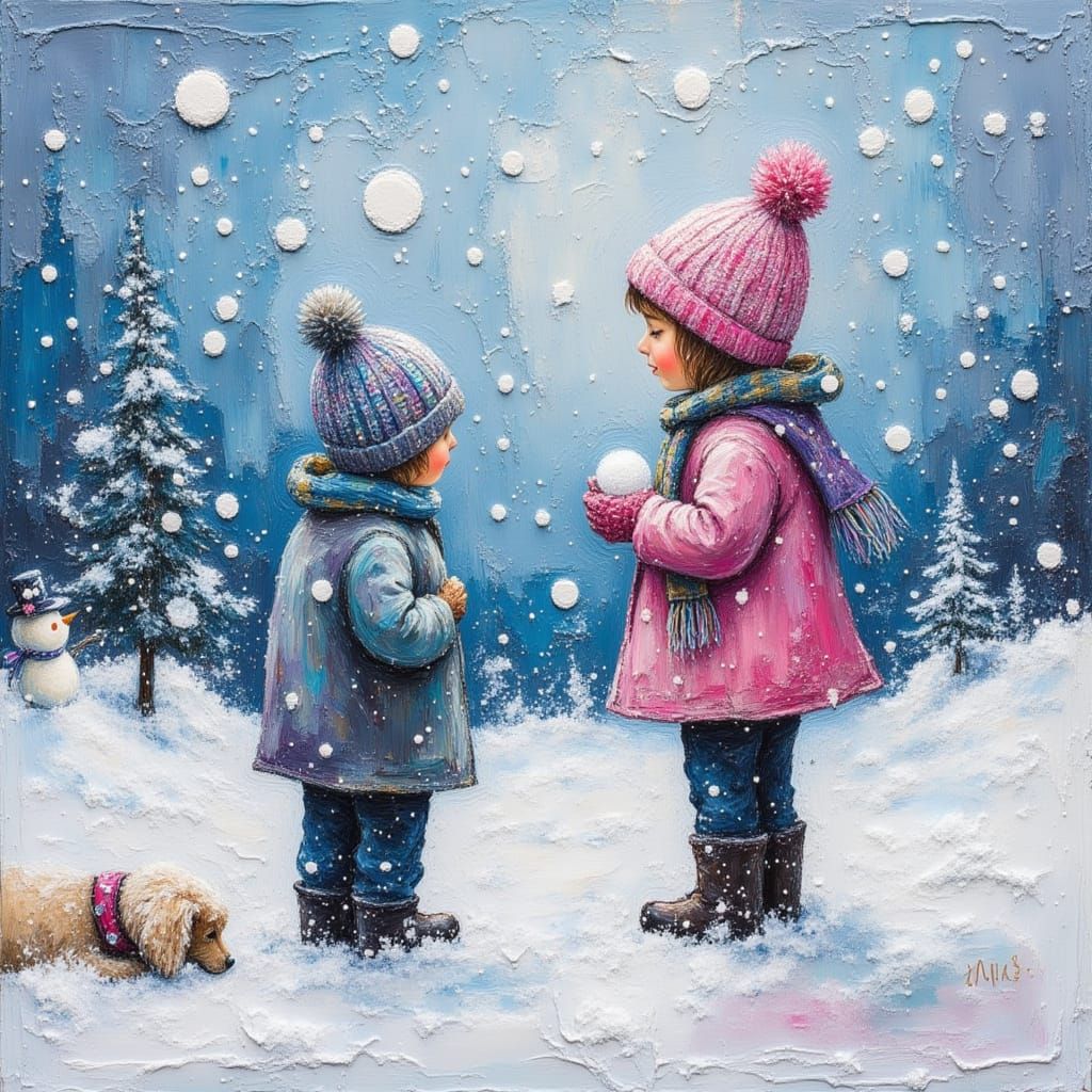 Toddlers' Snowball Fight in Abstract Impasto Style