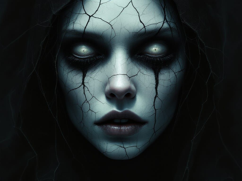 Creepy Porcelain Woman with Cracked Face in Gothic Style