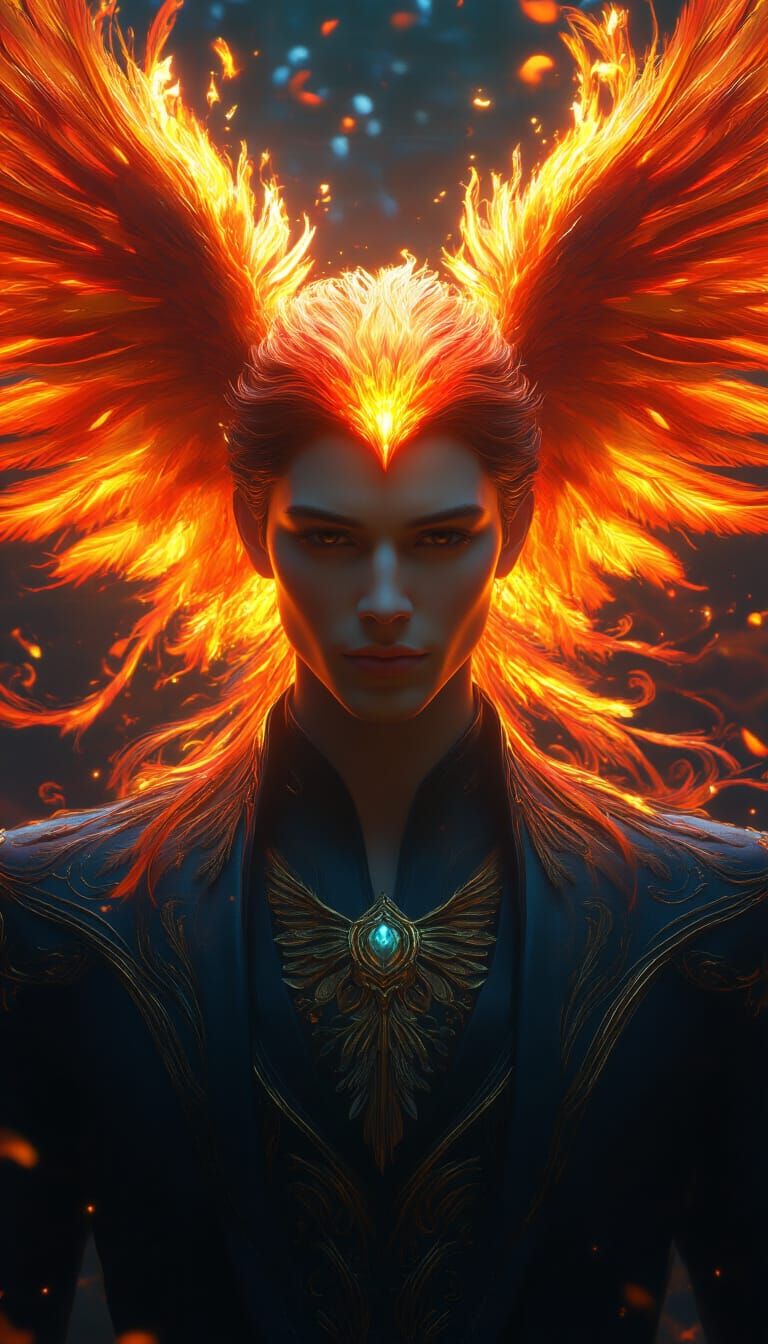 Human Phoenix Transformation: Detailed Portrait Art