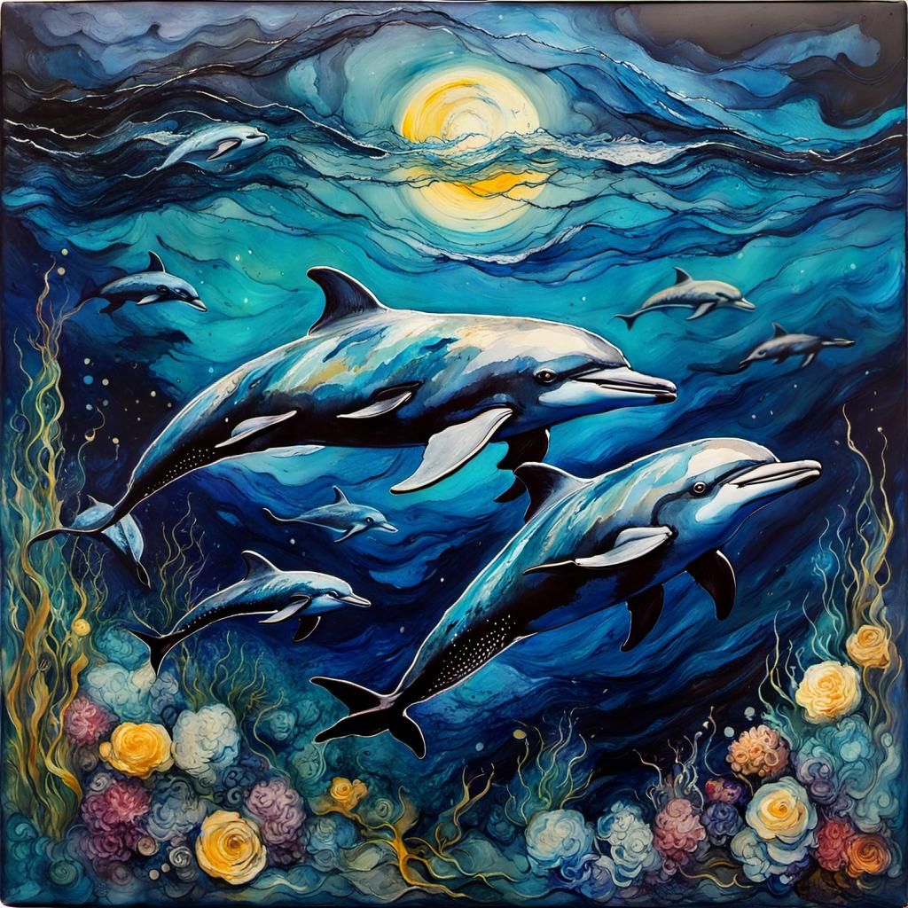 Encaustic Dolphins at Night in Alcohol Ink Style