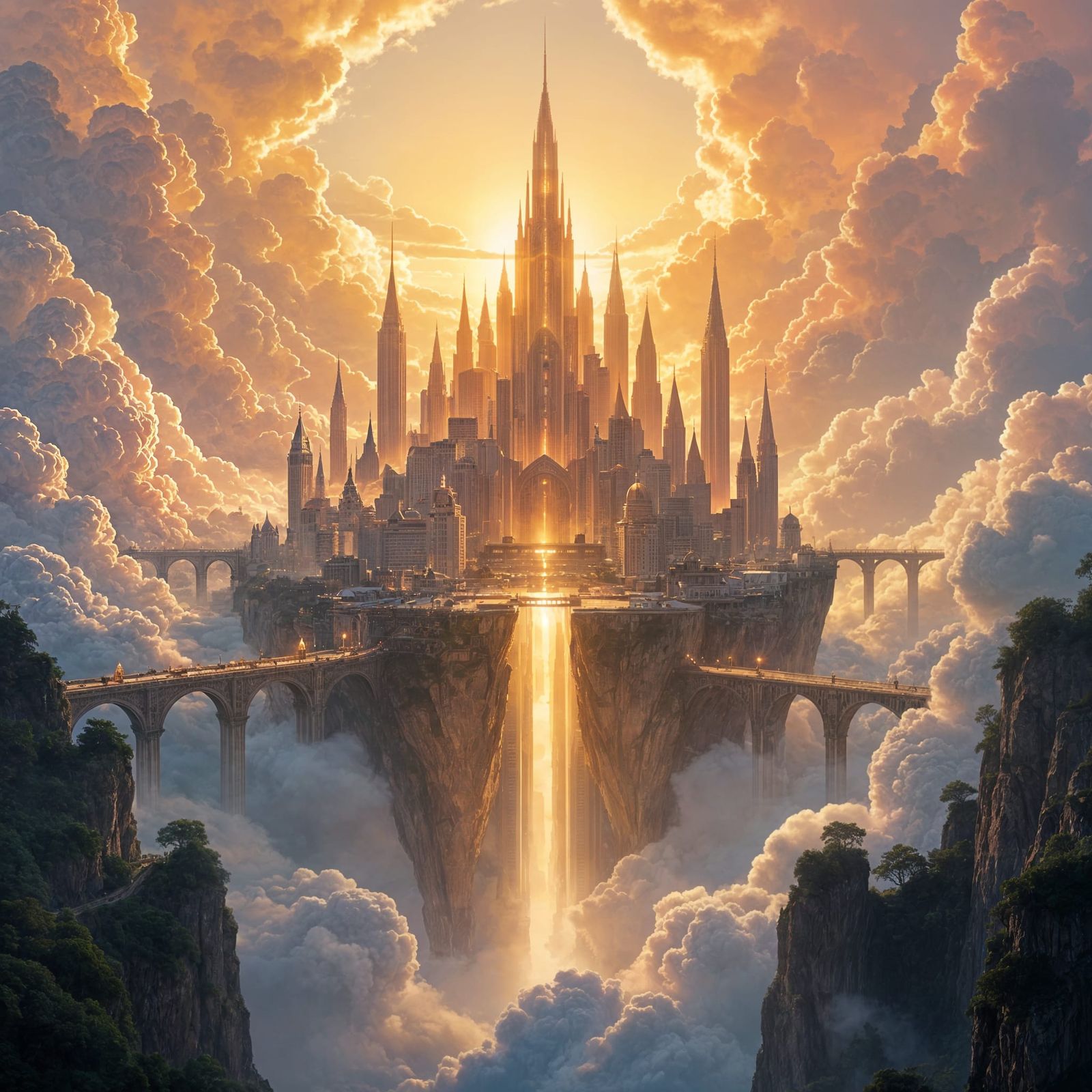 City Floating on Sunlight Beams Amidst Clouds