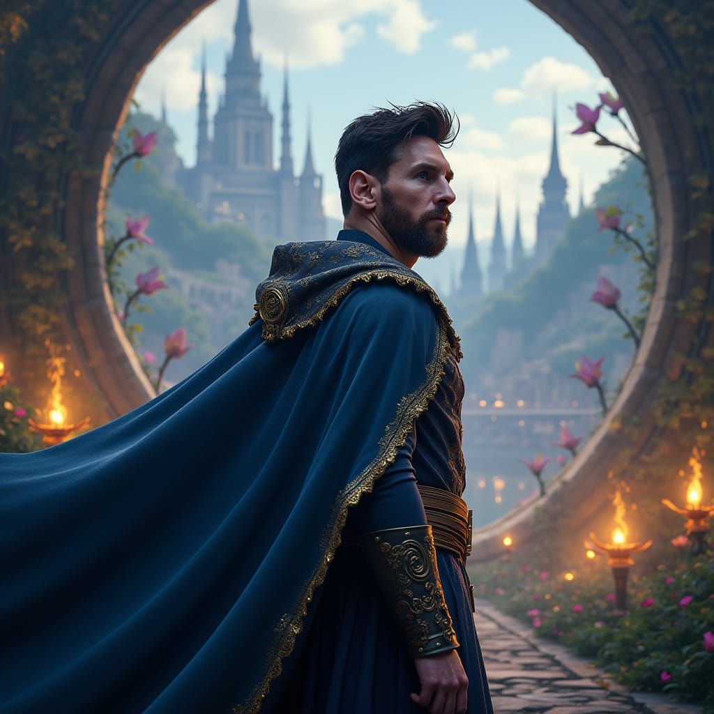 Regal Messi in Midnight Blue Cape Amidst Dreamlike Arena