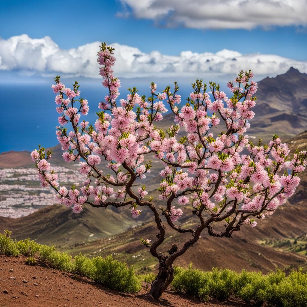 Almond Tree in Bloom, Tenerife Mountain View