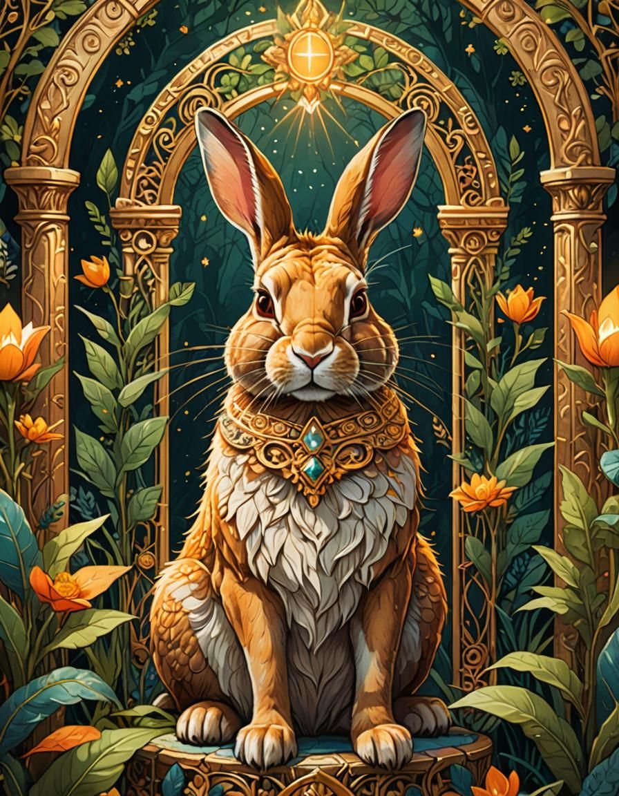 Rabbit King on Botanical Throne: Tarot Illustration