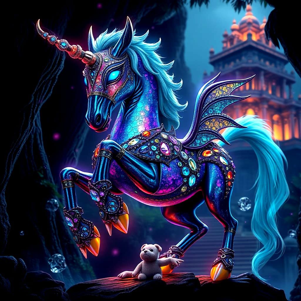 Bioluminescent Bejeweled Centaur in Jungle Temple