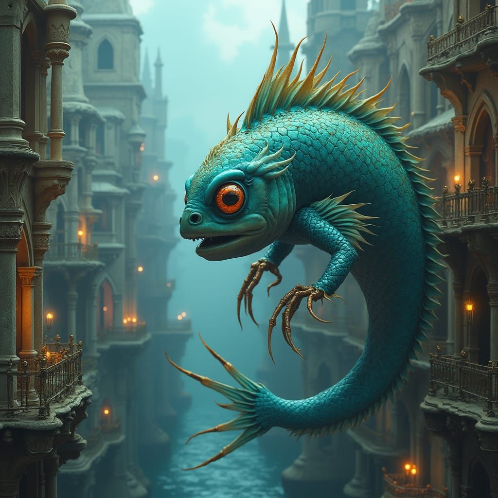 Fish with Hands in Underwater Renaissance City