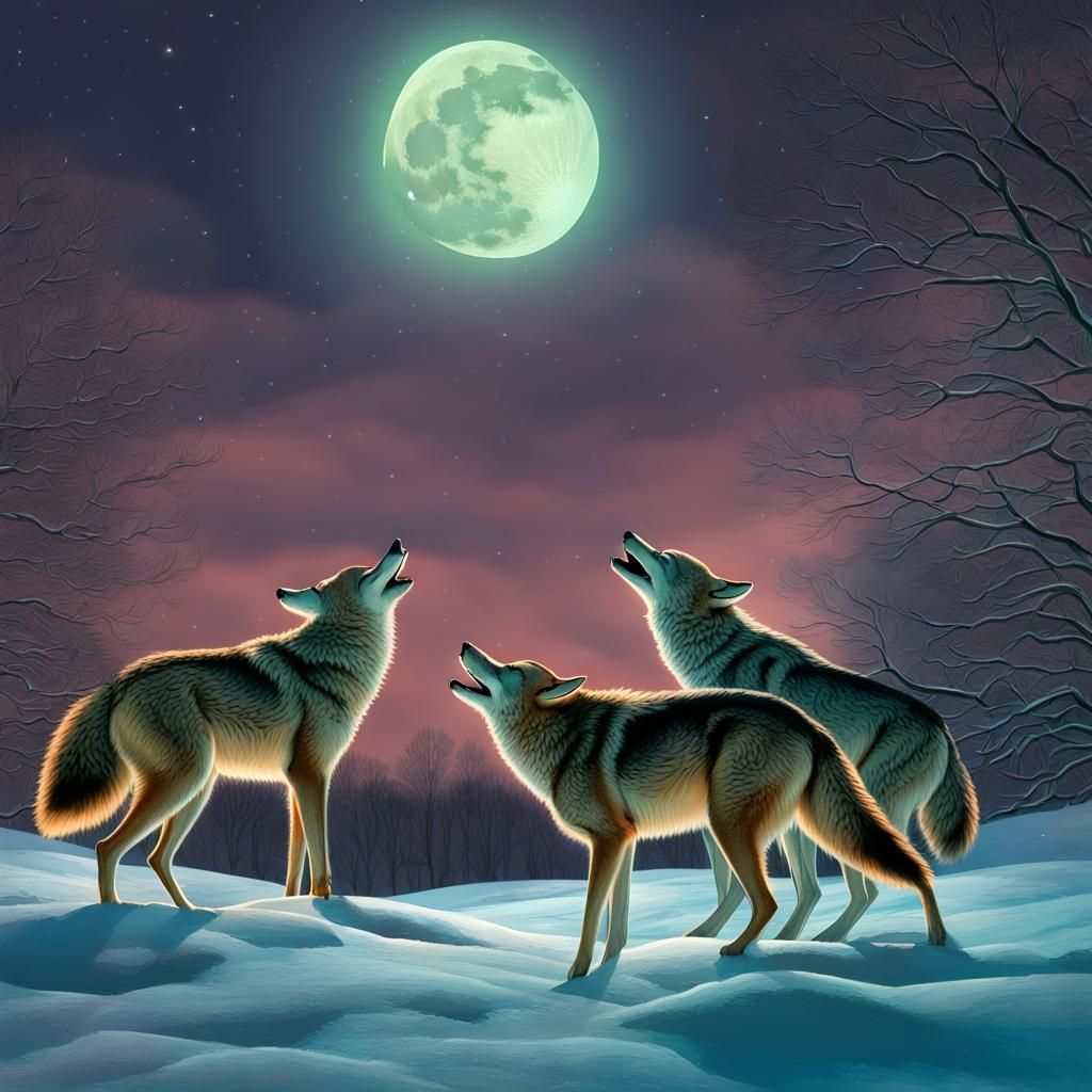 Coyotes Howling at Moon with Comet, Detailed Matte Painting