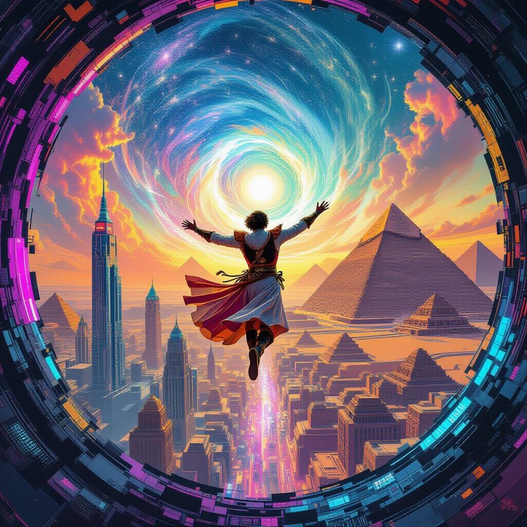 Renaissance Figure Travels to Neon Cityscape