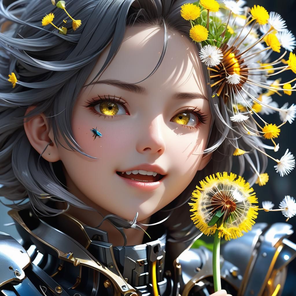 Menacing Mecha Gently Blows Dandelion Flower