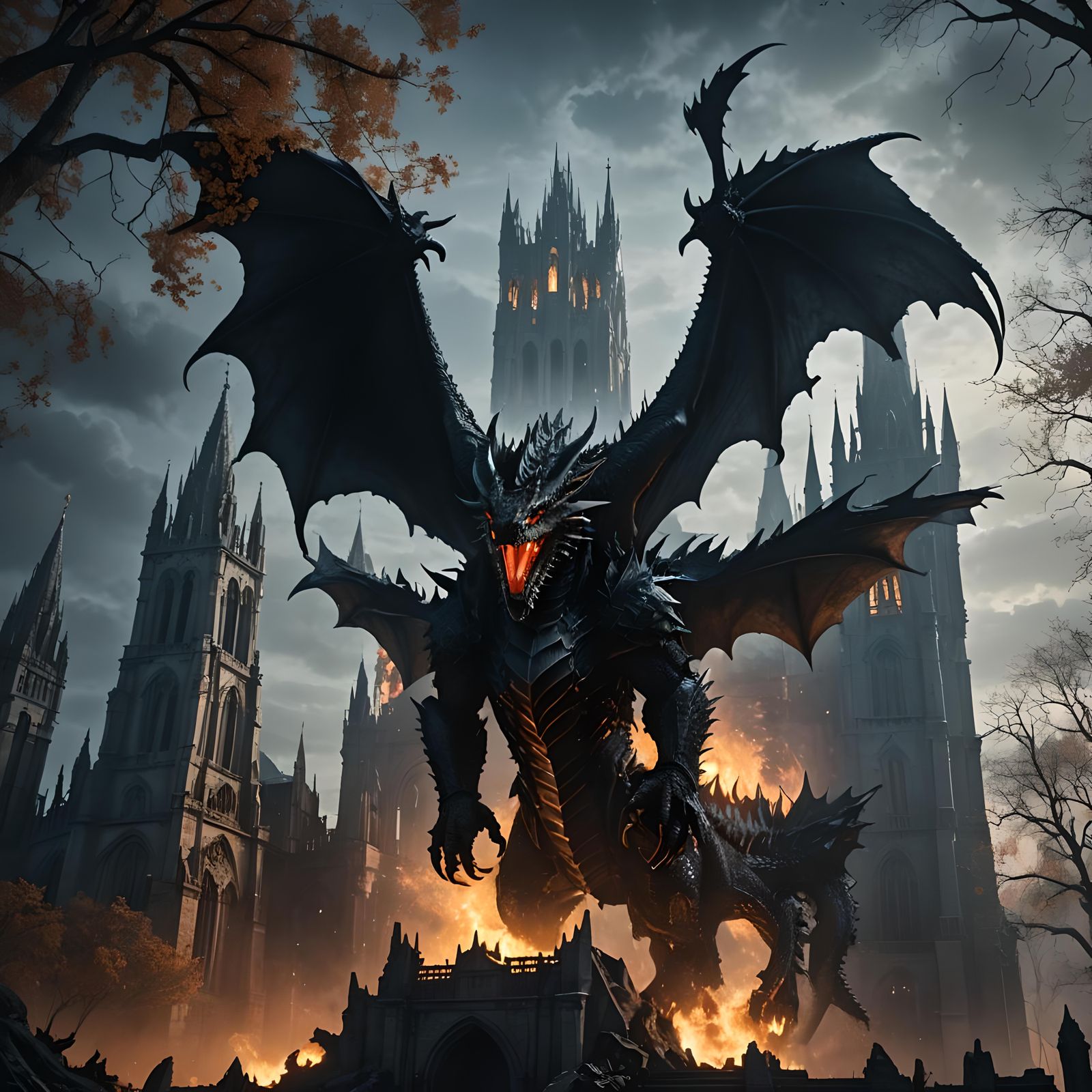 Gothic Colossus and Dragon Soaring Over Cathedral