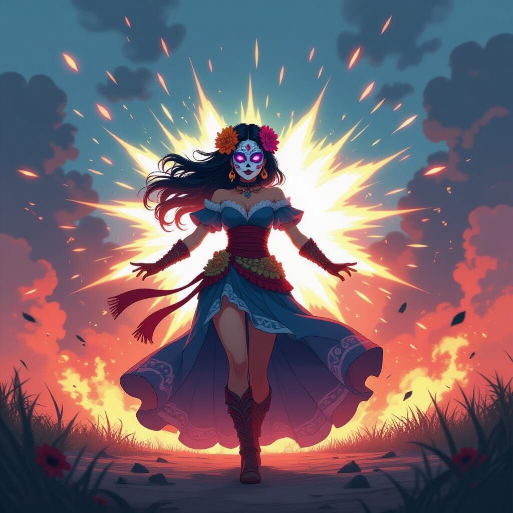 Anime Warrior with Día de los Muertos Paint in Chaotic Battl...