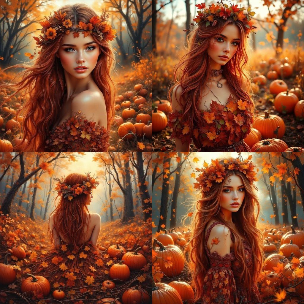 Woman in Fall Leaves Dress in Misty Wood