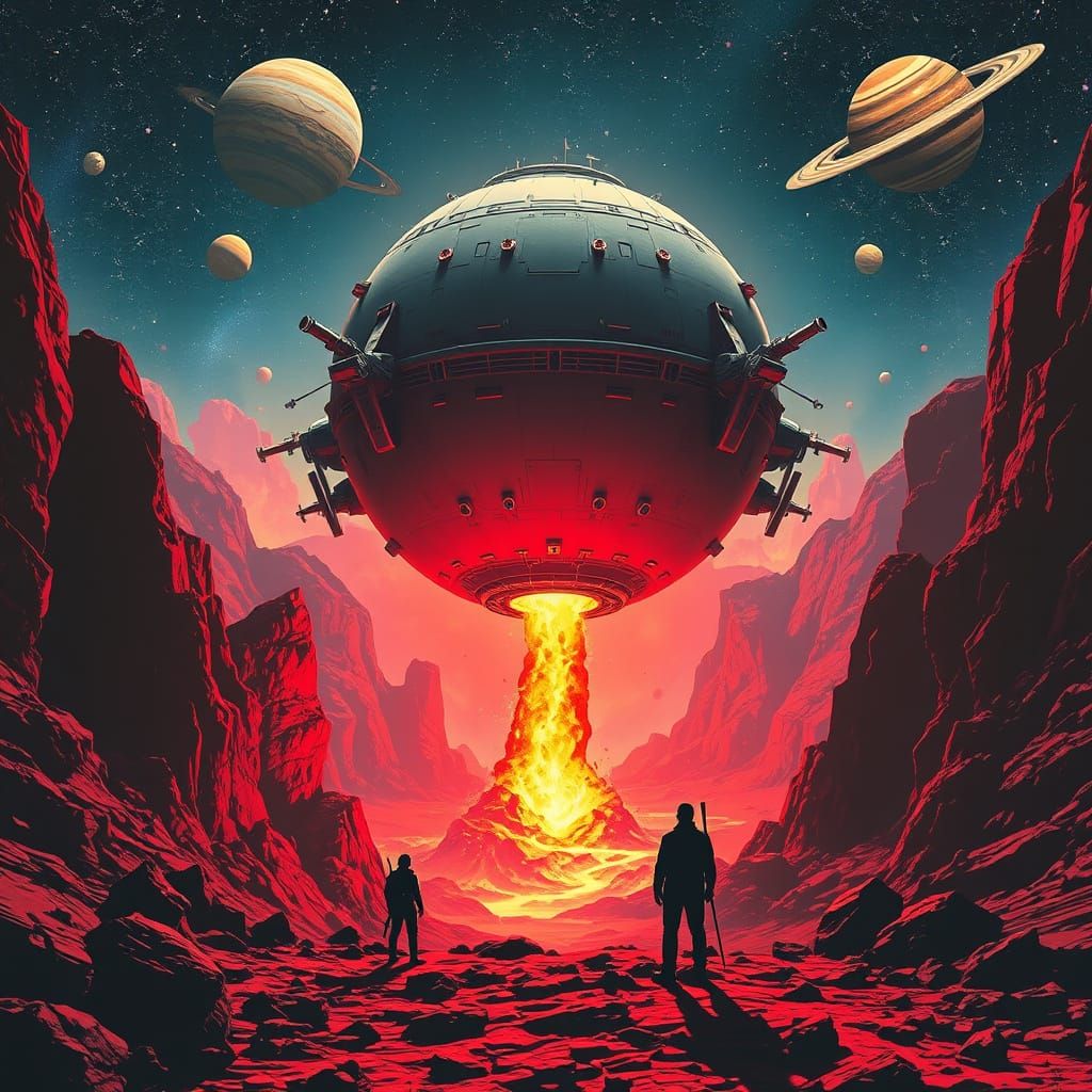 Futuristic Spacecraft Over Red Planet Landscape