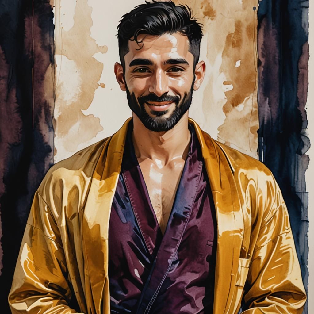 Handsome Arab Man Portrait in Gouache Style