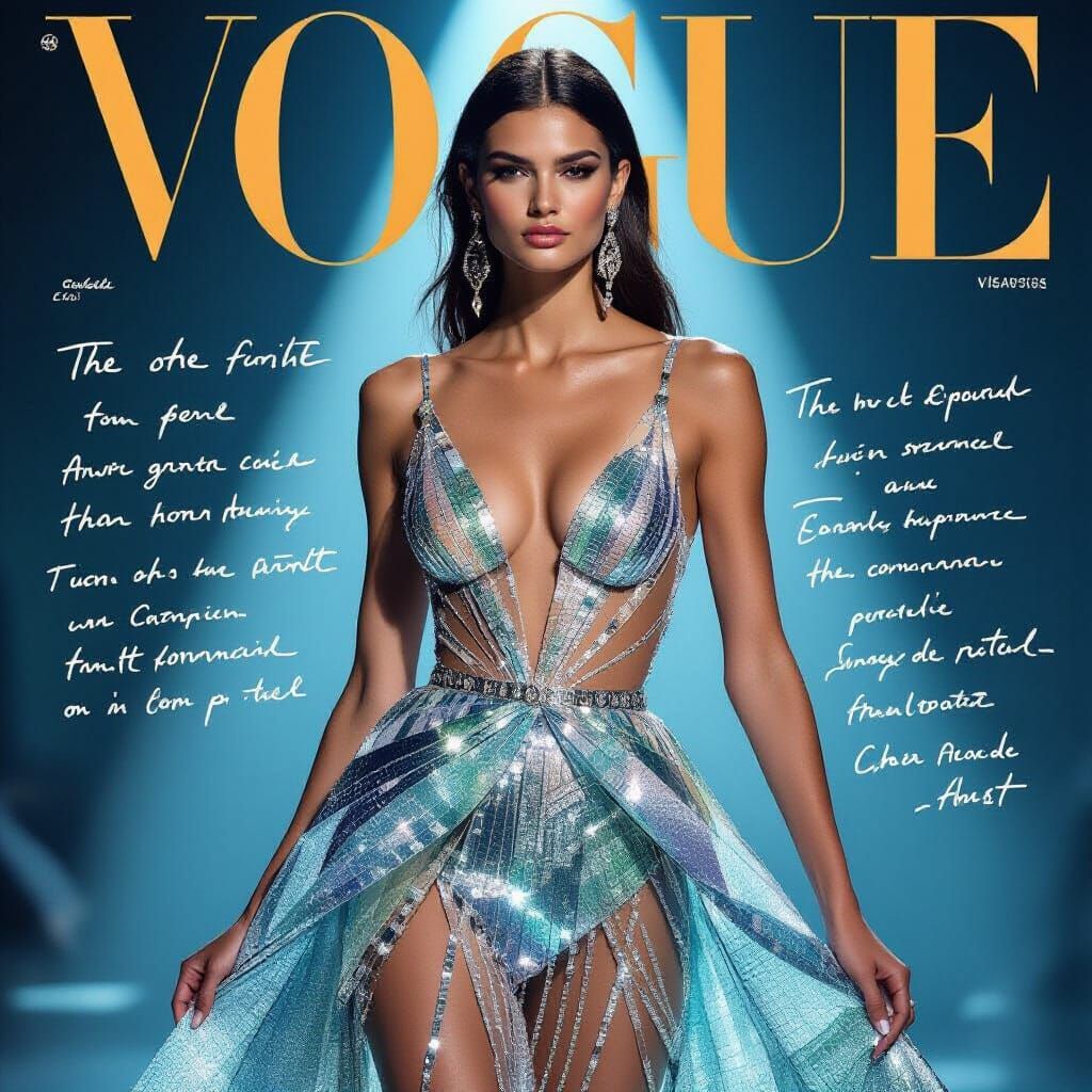Vogue Cover: Model in Shimmering Glass Dress