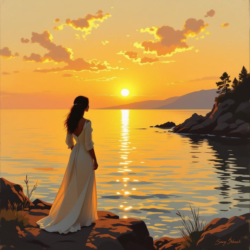 Woman Gazing at Golden Sunset, Romanticism Style