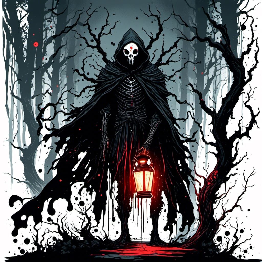 Masked Figure with Lantern in Twisted Ink Style