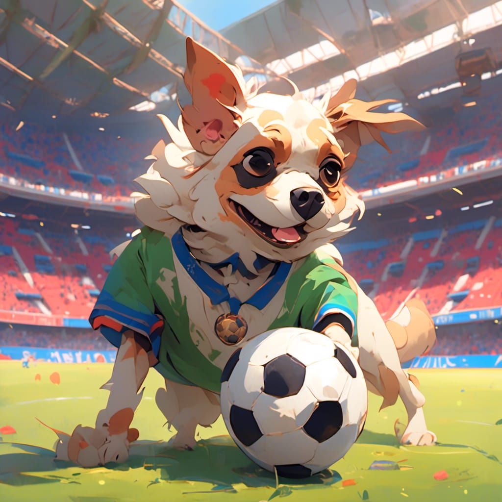 Dog Plays Soccer in Stadium: Anime Style