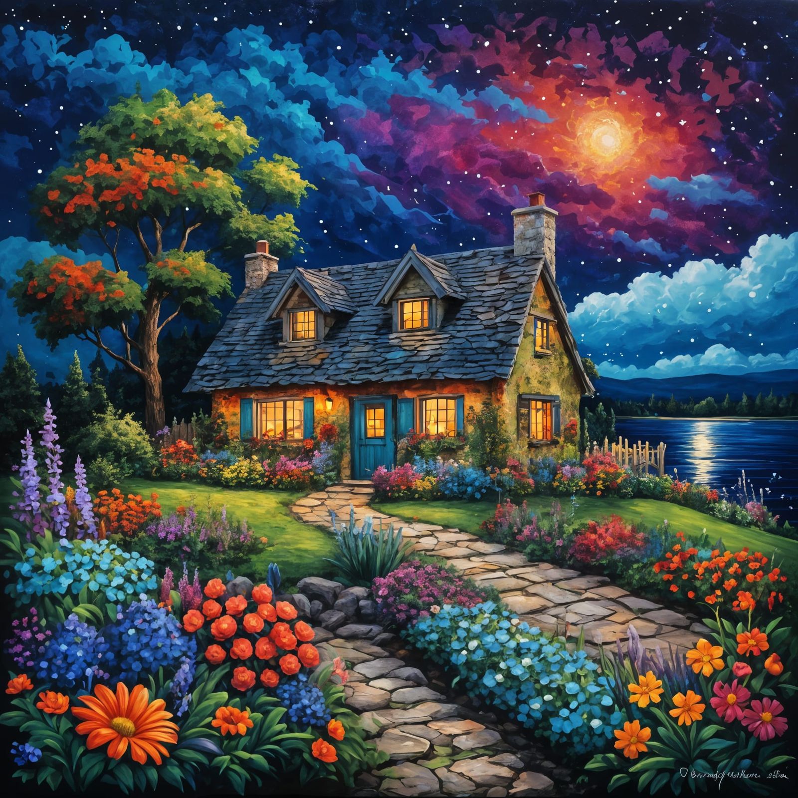 Cozy Cottage Scene Under Vivid Night Sky