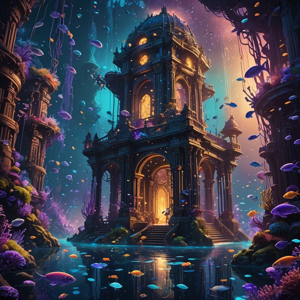 Underwater Cityscape with Bioluminescent Fish, Unreal Engine...