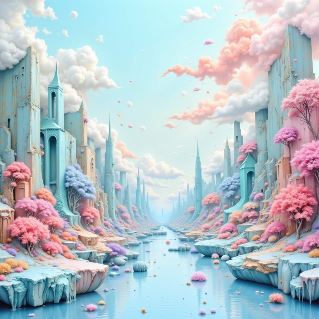 Surreal Landscape with Floating Volumetric Shapes