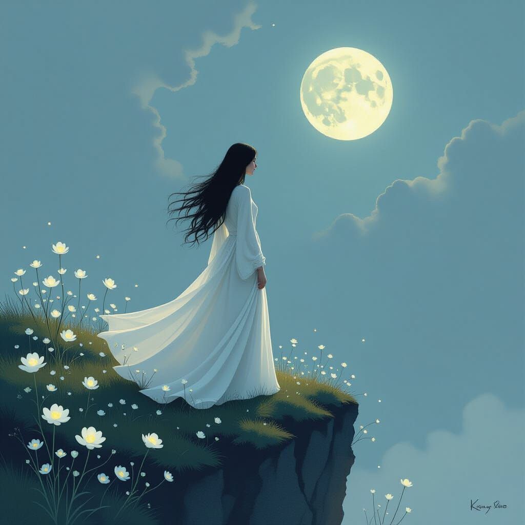 Melancholy Woman with Bioluminescent Flowers as Oil Painting