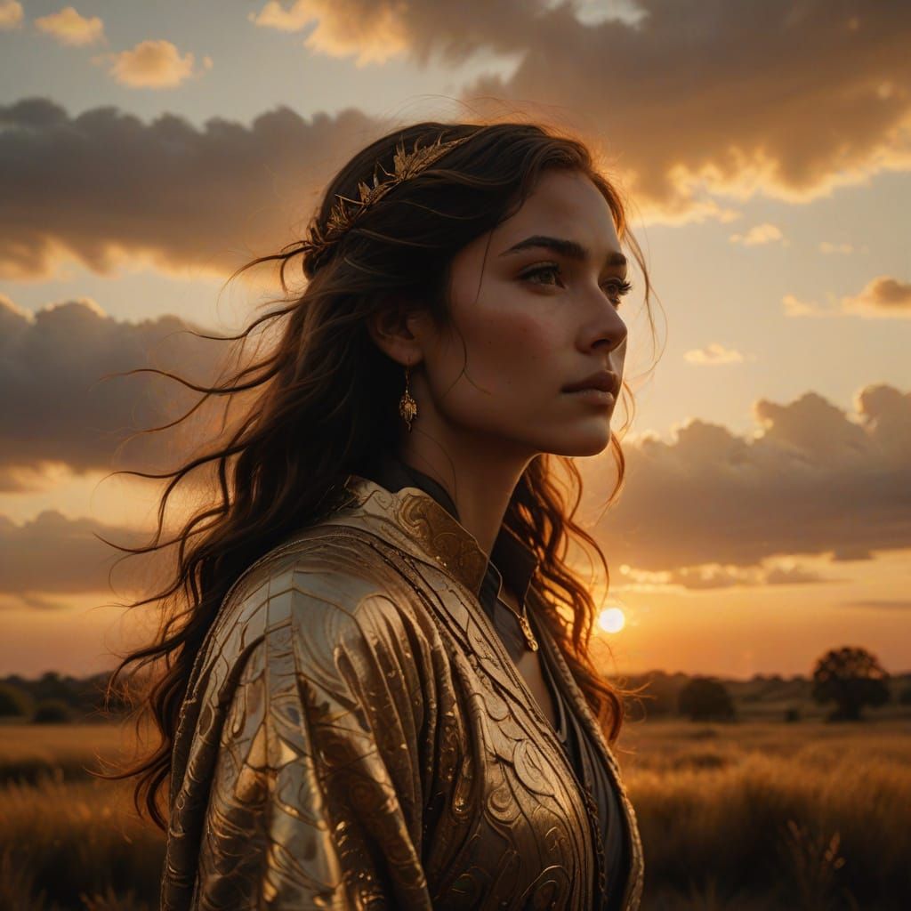 Enigmatic Figure Radiates Inner Light Amidst Swirling Golden...