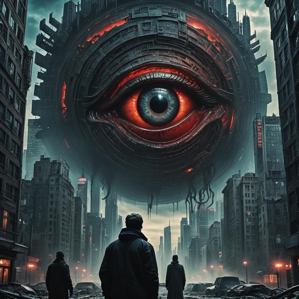 Dystopian Surrealism: Giant Eye in Gritty City