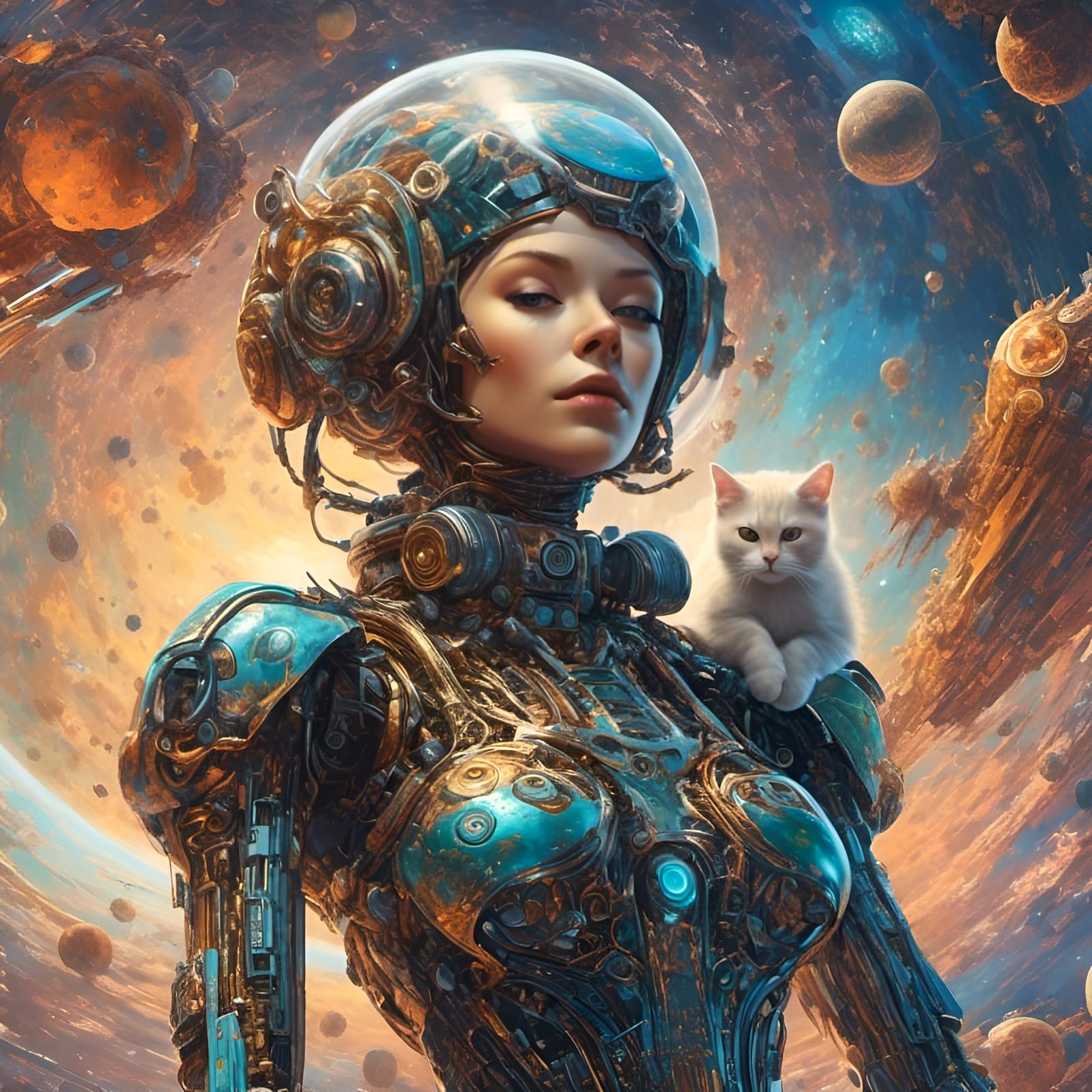 Robotic Woman in Space with Cat Spaceship