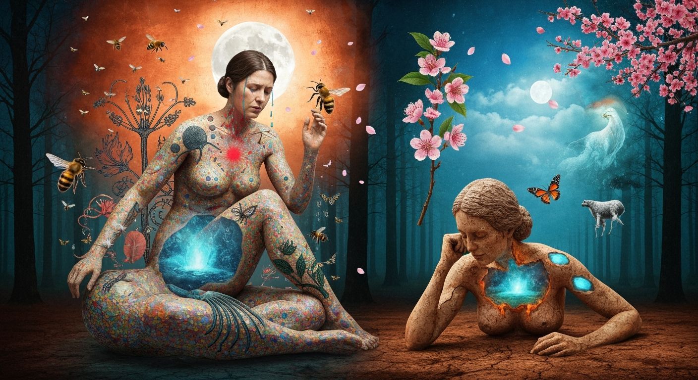 Female Sculptor in Abstract Bio-Art Sculpture